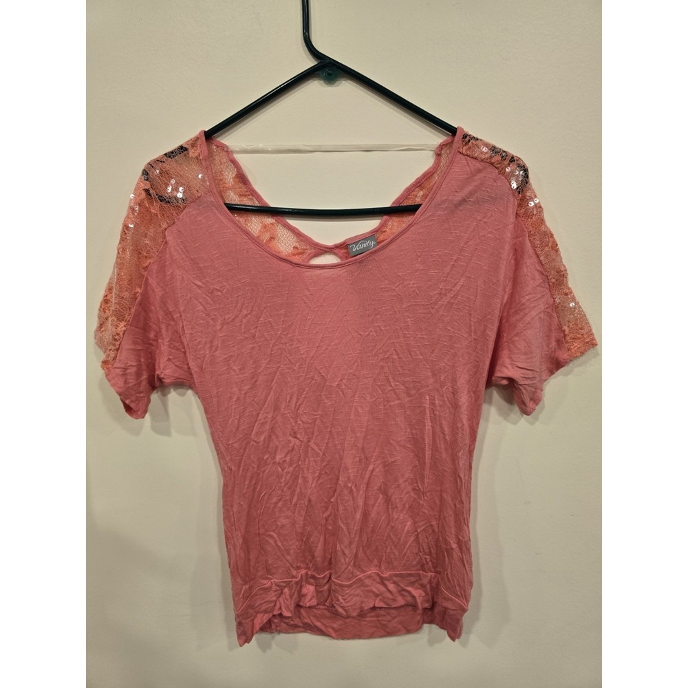 Y2K Vanity Lace Sequin Shoulder Top Women's‎ Medium Pink Boho Fairy Feminine